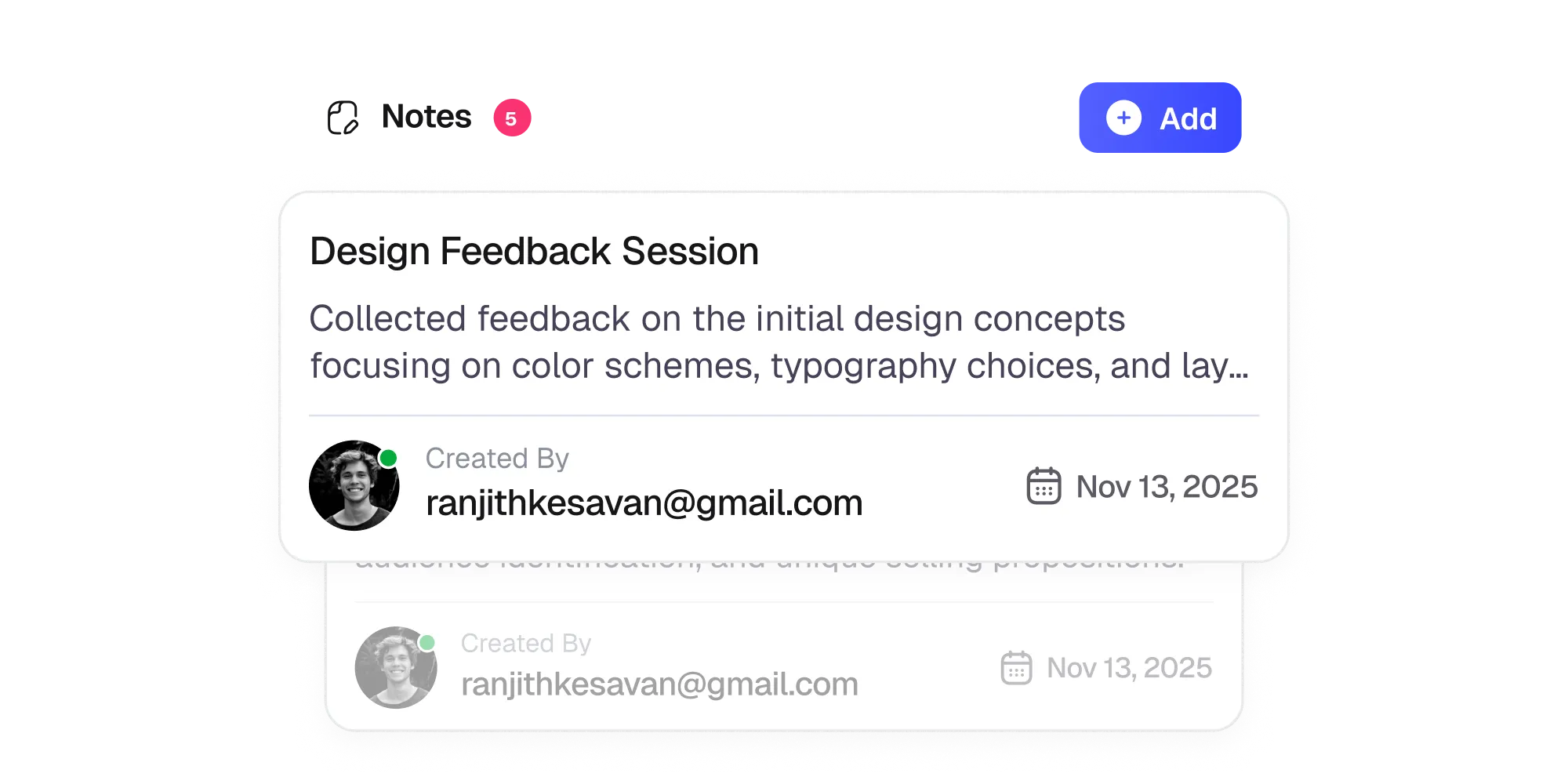 Design feedback note showing summary, author, and date.